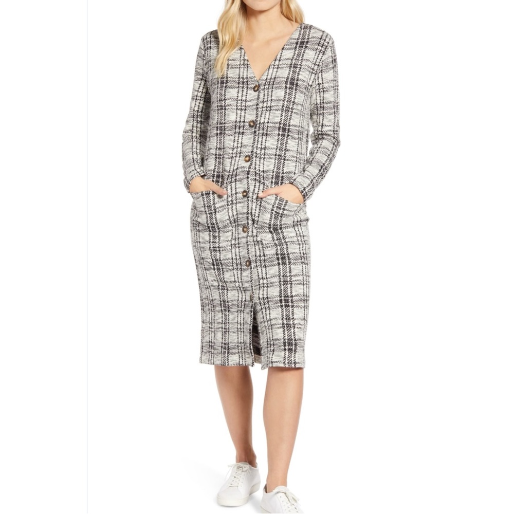 Lou & Grey plaid long sleeve v neck sweater midi dress front pockets size L NWT